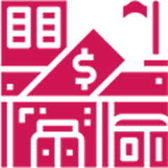 Buildings and dollar sign icon illustration.