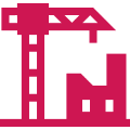 Red construction crane and building icon.